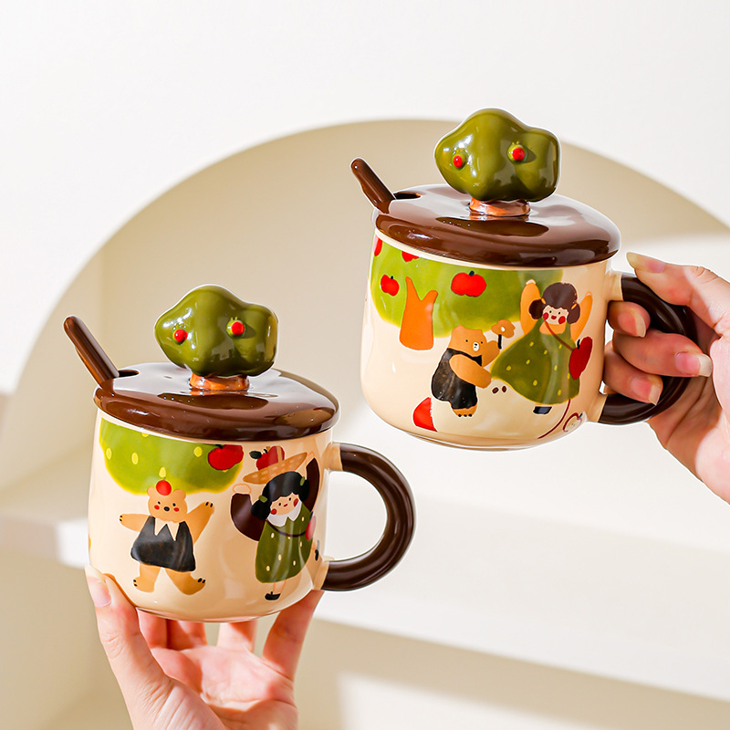 Anime Merchandise Mugs - かわいい漫画アニメ商品リンゴの木の女の子セラミックカバーマグかわいい女の子コーヒー朝食ミルク水カップ誕生日ギフト