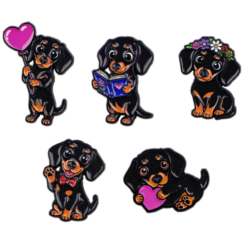 Enamel Pin Set - 5 個のかわいいダックスフントエナメルピンセットハートフラワーブックボウ犬漫画ブローチバックパック帽子服アクセサリー動物愛好家のギフト