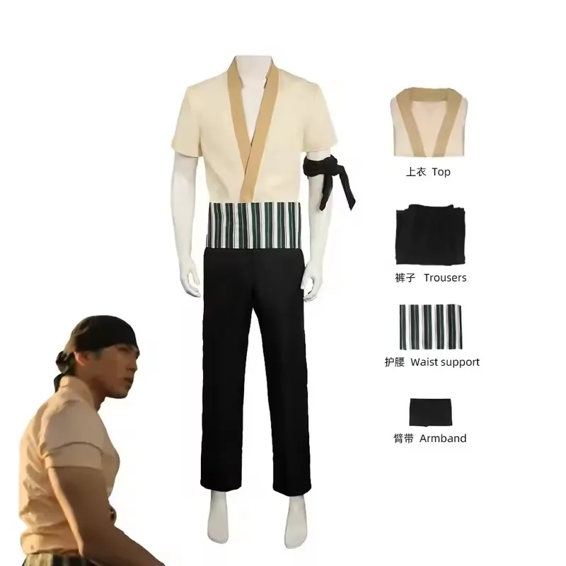 Zoro Anime Merchandise - アニメ実写版ロロノア・ゾロコスプレ衣装シャツパンツ衣装ファンタジア男性トップパンツベルトコスプレスーツ