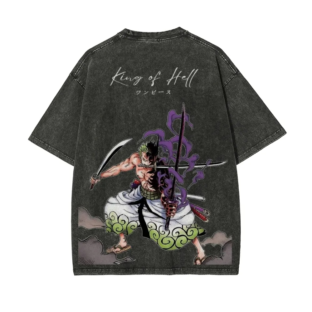Zoro Anime Merchandise - ワンピース ゾロ 地獄の王 ヴィンテージウォッシュTシャツ 三刀流 幽霊紫火