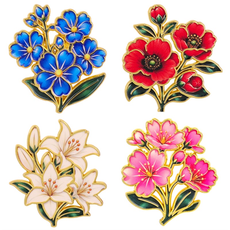 Enamel Pin Set - かわいいヴィンテージカラフルな花柄エナメルピンユリチェリーポピーブルーフラワーリーフブローチバックパック帽子服植物愛好家毎日のギフト