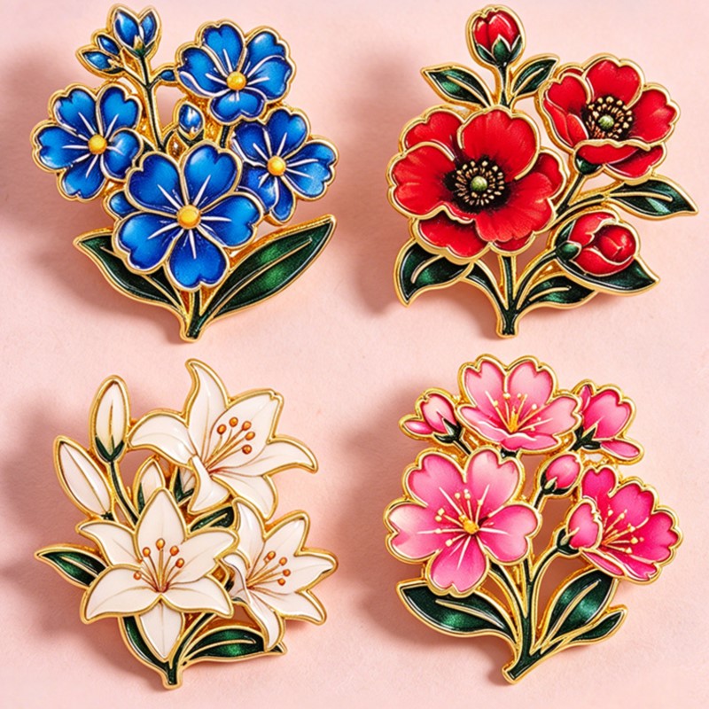 かわいいヴィンテージカラフルな花柄エナメルピンユリチェリーポ - Enamel Pin Set のレビューと価格